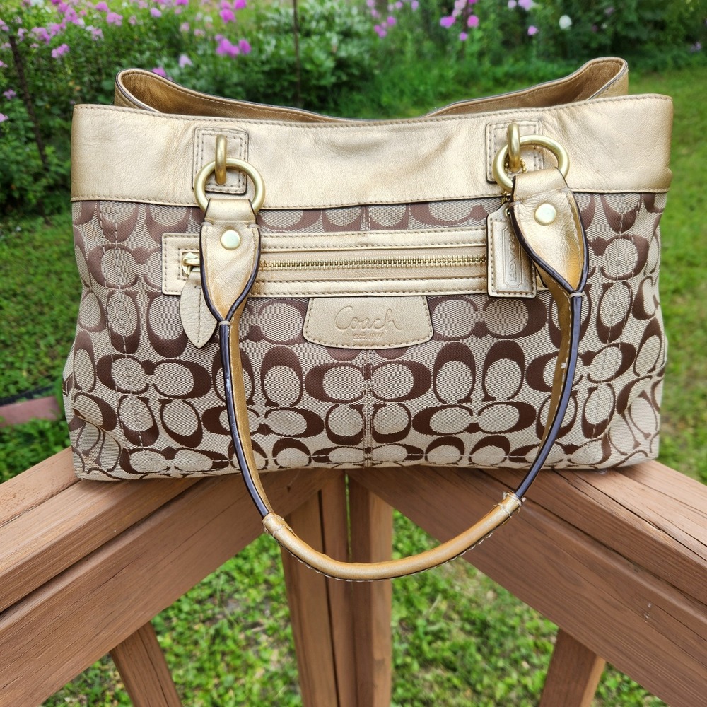 Y2K Coach Penelope Large Gold Beige Satchel Purse Signature Canvas Gold Leather
